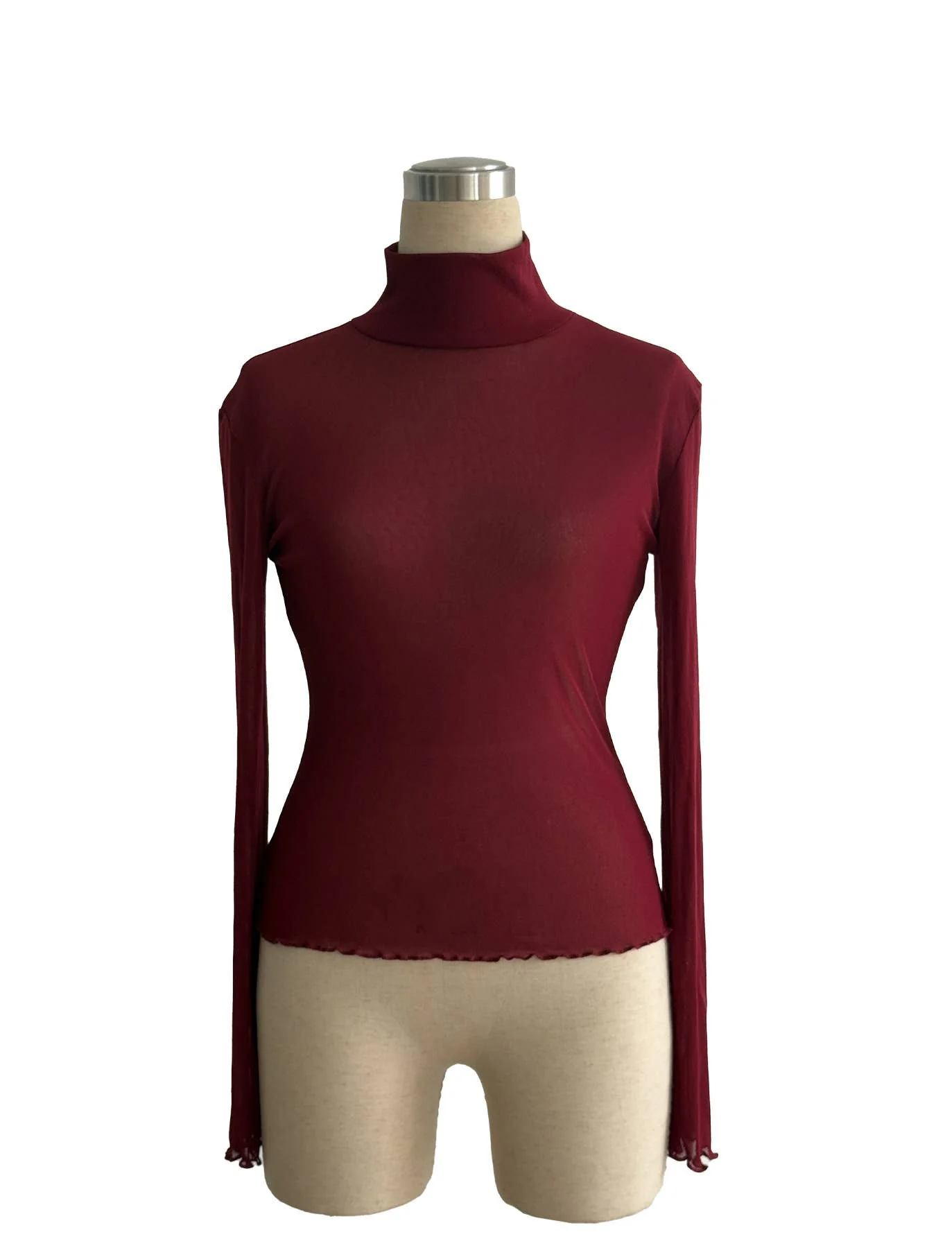 Slim Fit Solid Mesh Long Sleeve Stand Collar Blouse - Image 18
