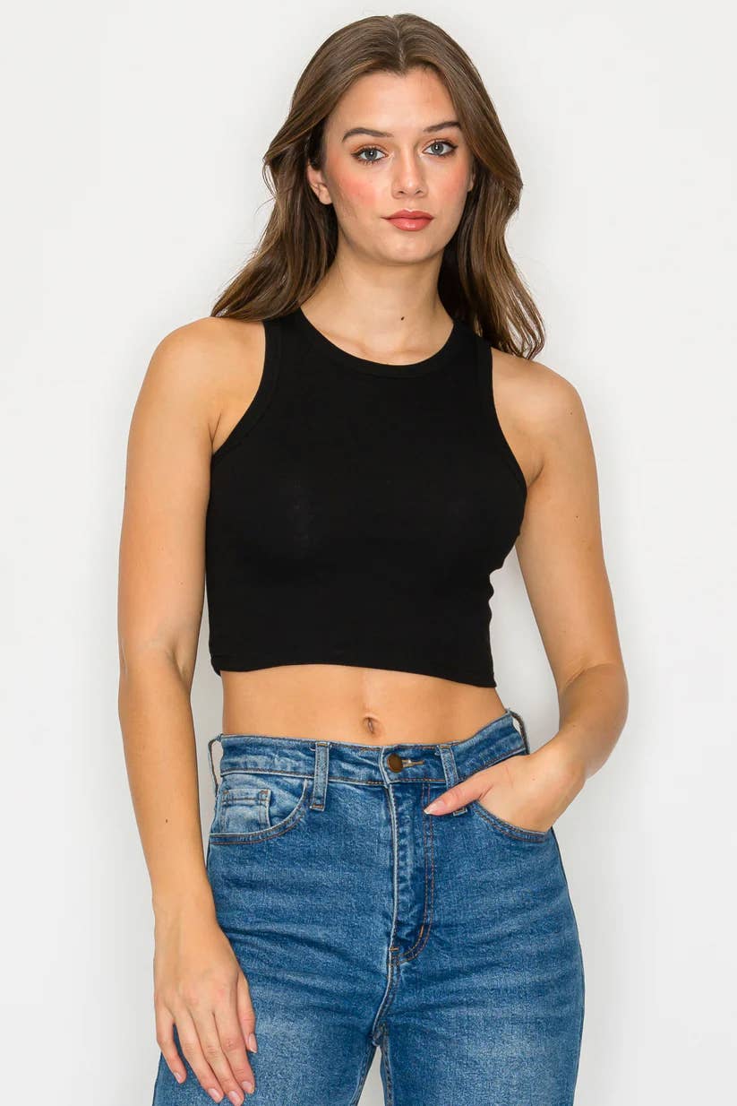 Solid color cotton ribbed crop tank top with high neck - Image 7