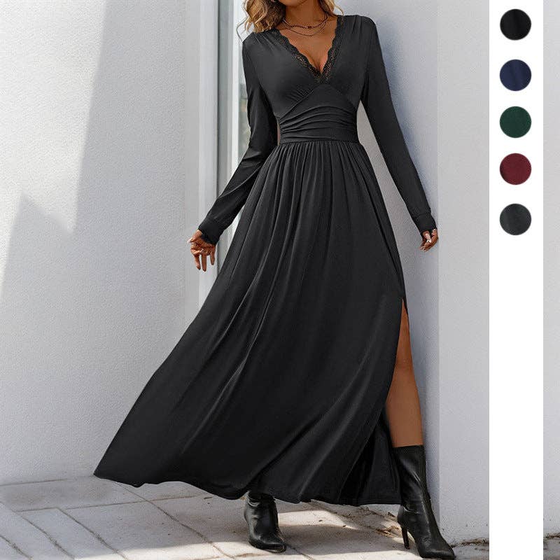 Solid Color Lace V-Neck Bodycon Dress