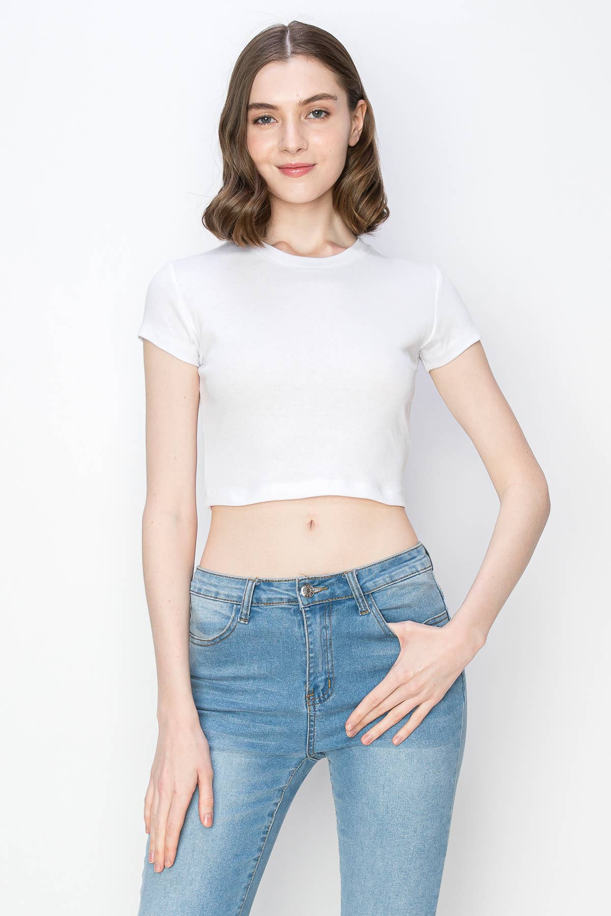 Solid color ribbed short sleeve crop crew neck basic tshirt - Image 4