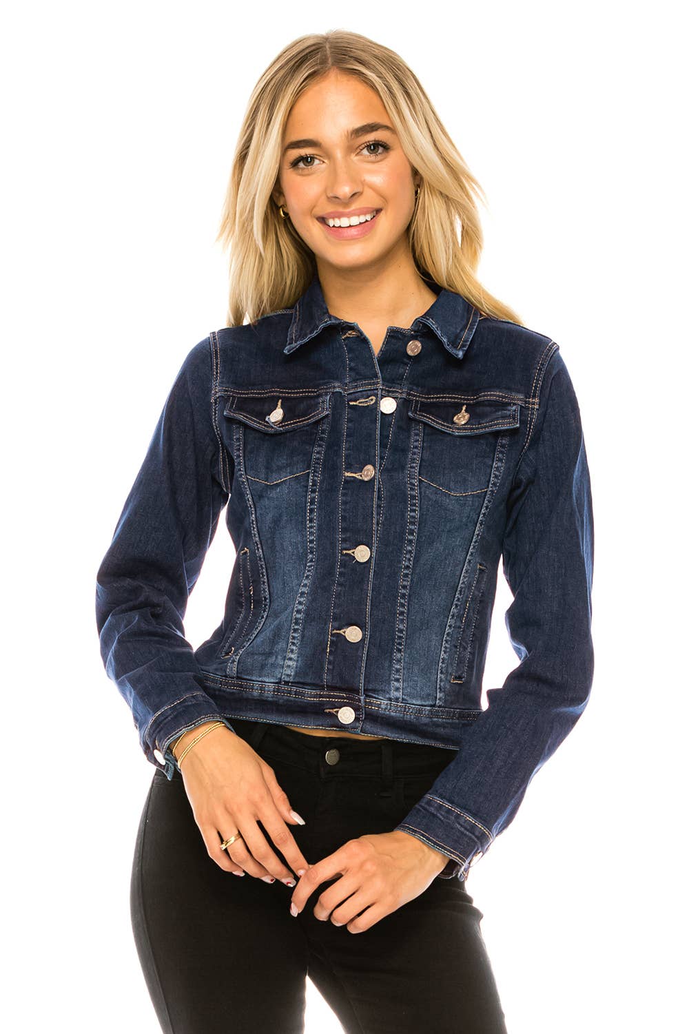 Solid color stretch dark washed denim jacket with pockets