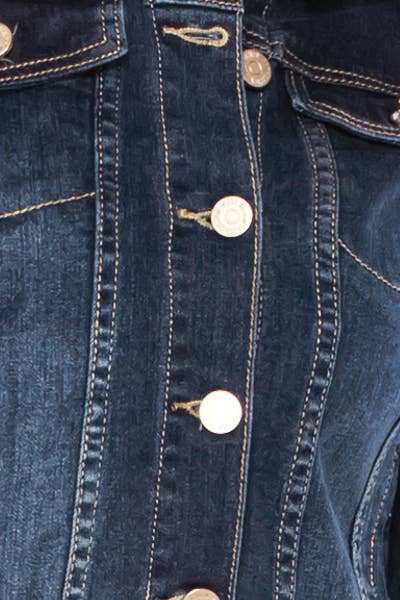 Solid color stretch dark washed denim jacket with pockets - Image 5