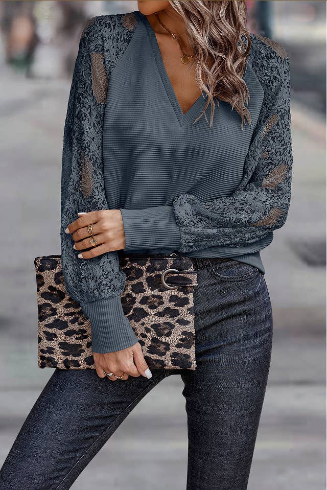 Spring/Autumn Multicolor V-Neck Long Sleeve Knit Top - Image 3