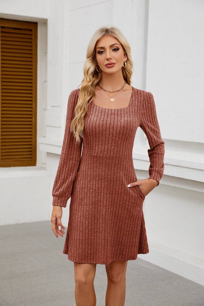 Square Neck Ribbed Knit Dress with Pockets - Image 12
