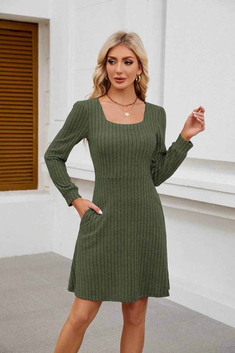 Square Neck Ribbed Knit Dress with Pockets - Image 14