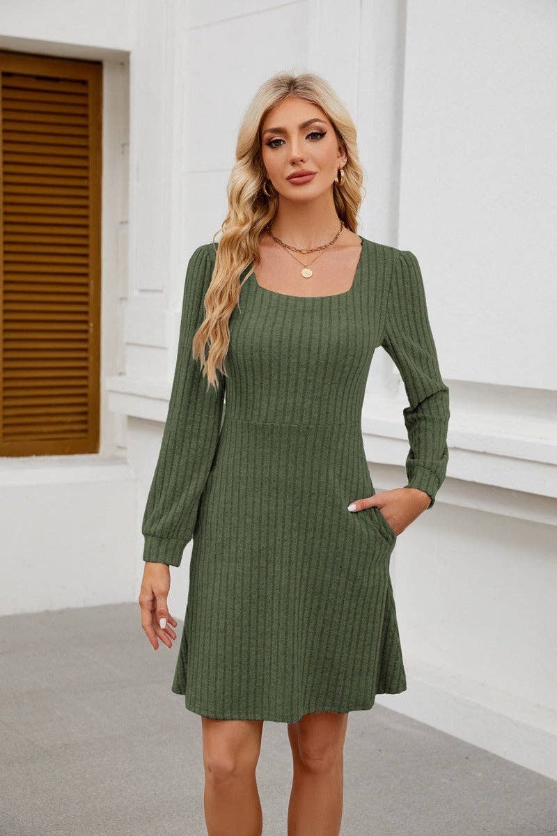 Square Neck Ribbed Knit Dress with Pockets - Image 15