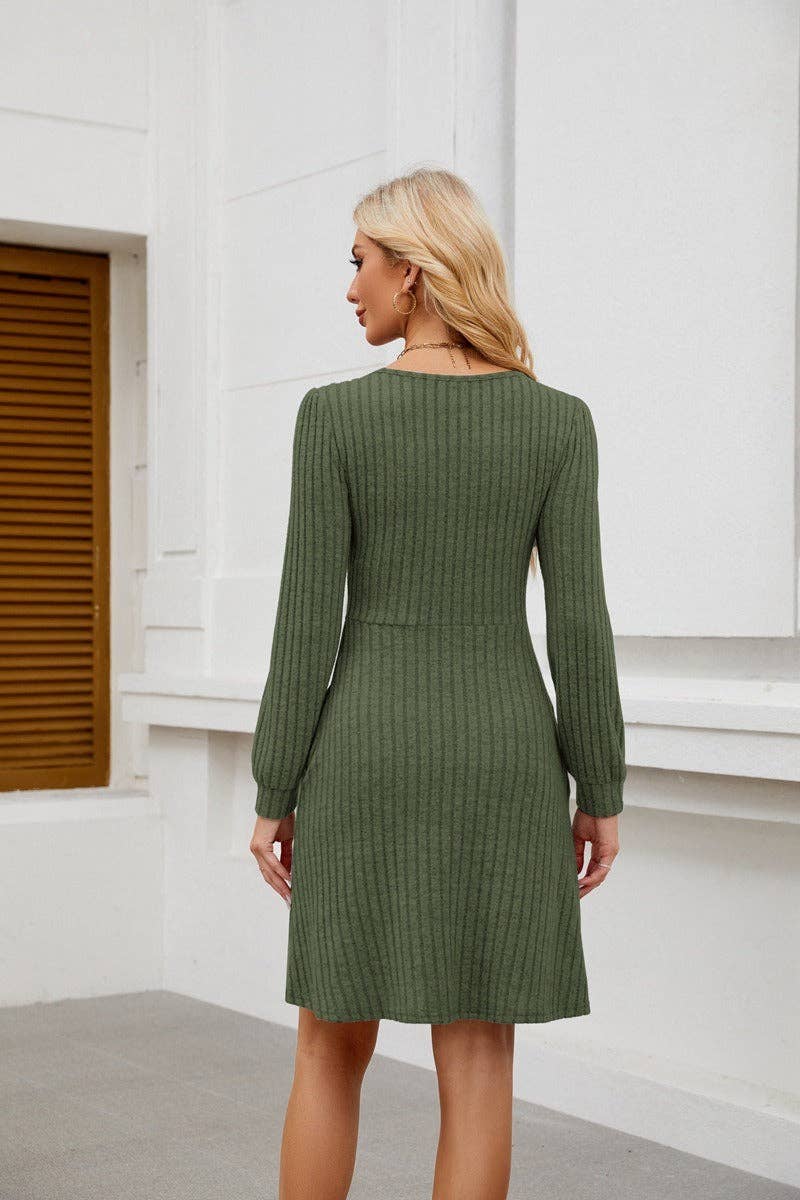 Square Neck Ribbed Knit Dress with Pockets - Image 16