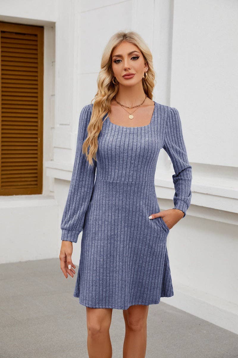 Square Neck Ribbed Knit Dress with Pockets - Image 18