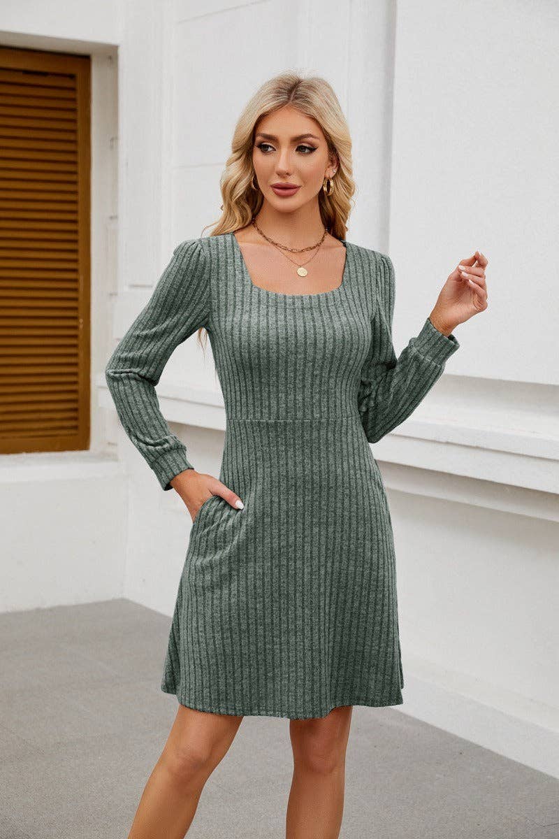 Square Neck Ribbed Knit Dress with Pockets - Image 2