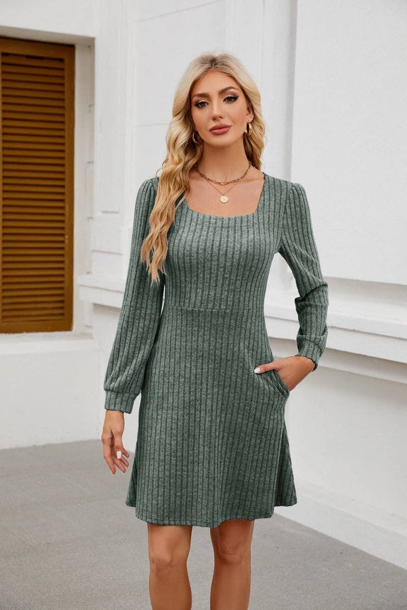 Square Neck Ribbed Knit Dress with Pockets - Image 20