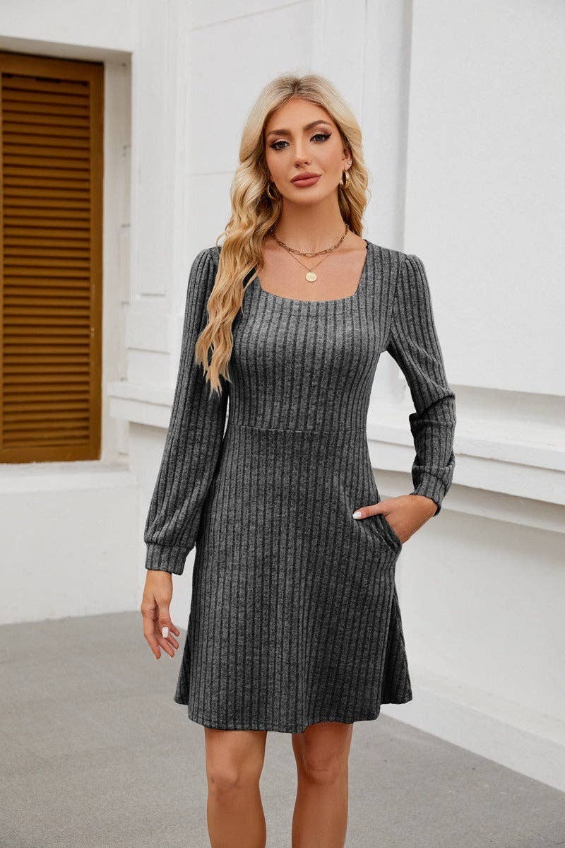 Square Neck Ribbed Knit Dress with Pockets - Image 23