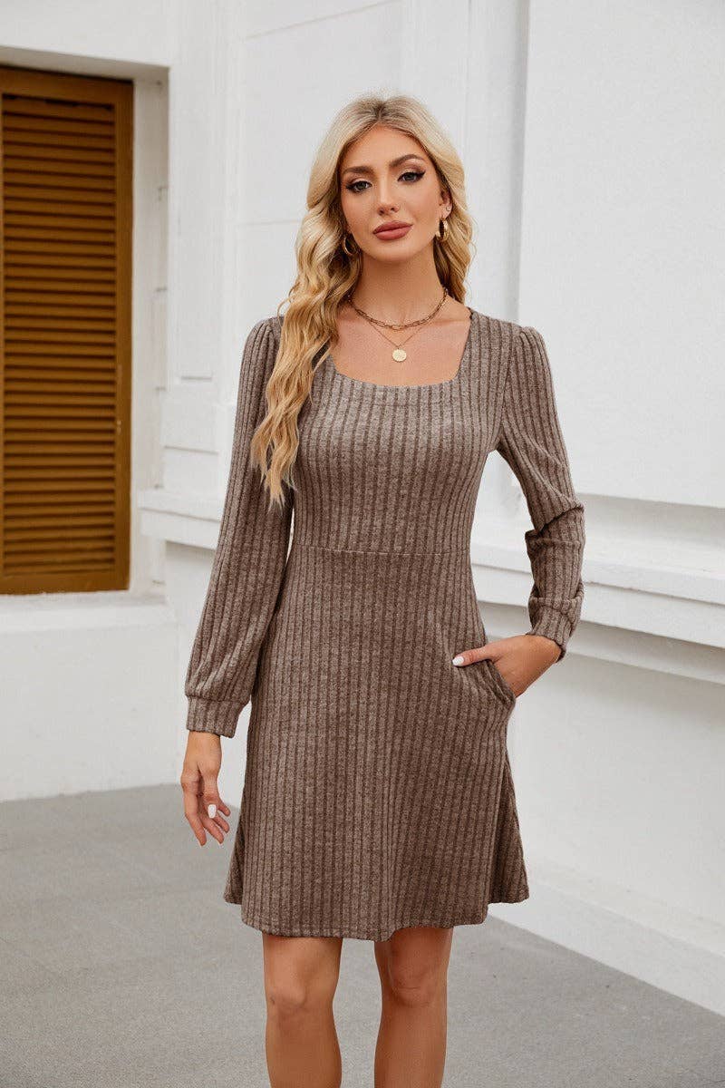 Square Neck Ribbed Knit Dress with Pockets - Image 26