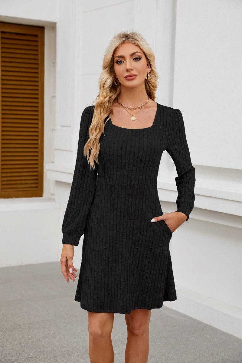 Square Neck Ribbed Knit Dress with Pockets - Image 9