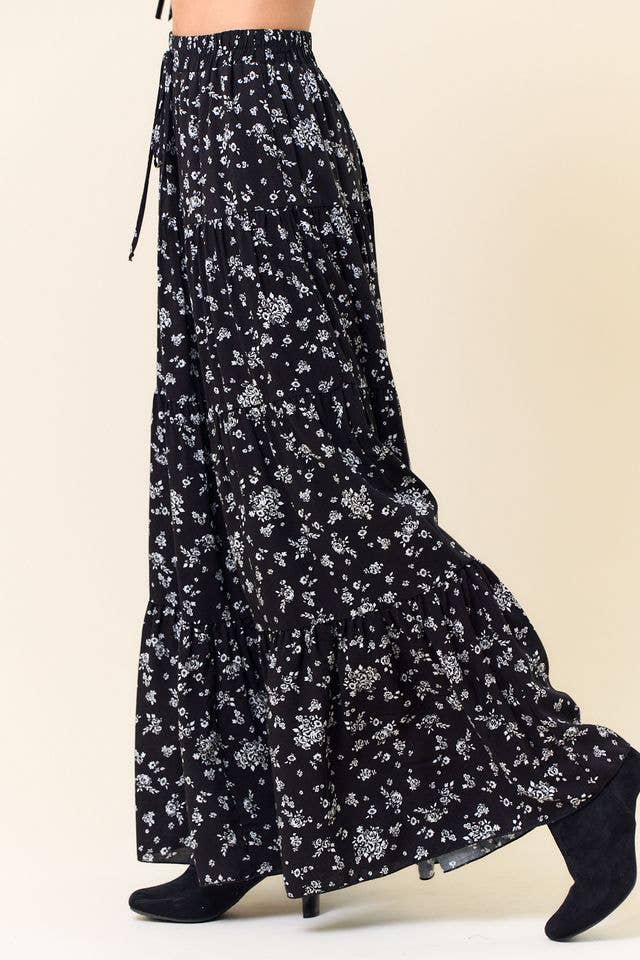 SS1222C BLACK FLORAL TIERED MAXI SKIRT W/POCKETS - Image 6