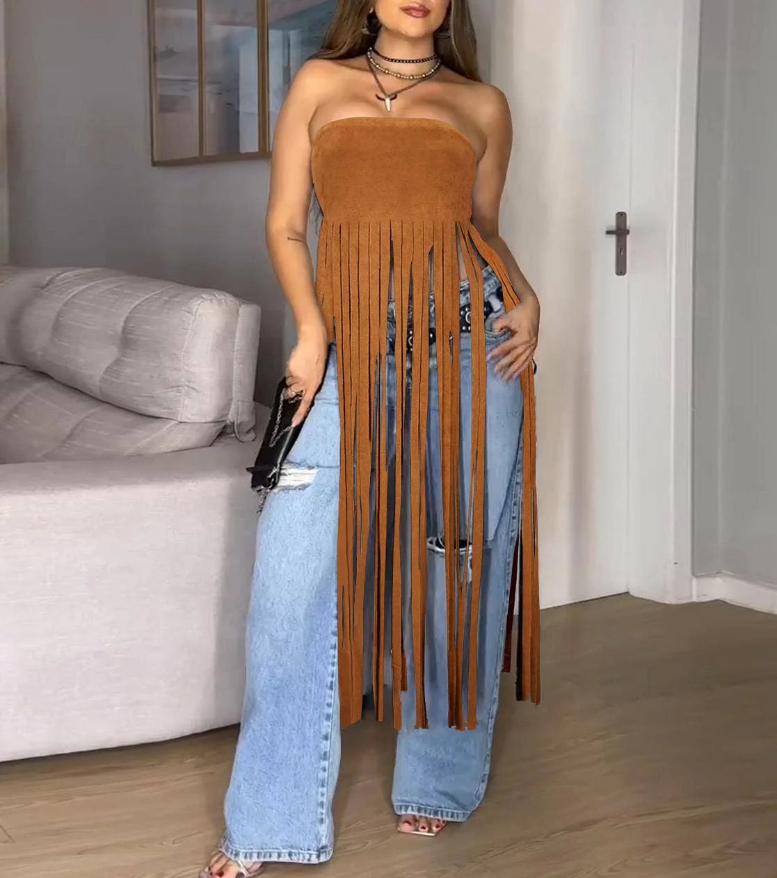 Strapless faux suede cowgirl bandeau fringed top