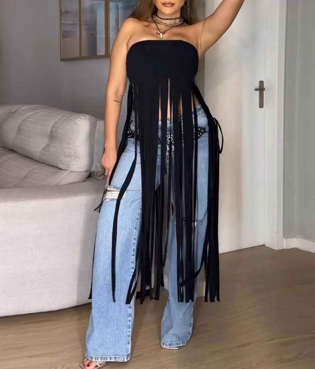 Strapless faux suede cowgirl bandeau fringed top - Image 3
