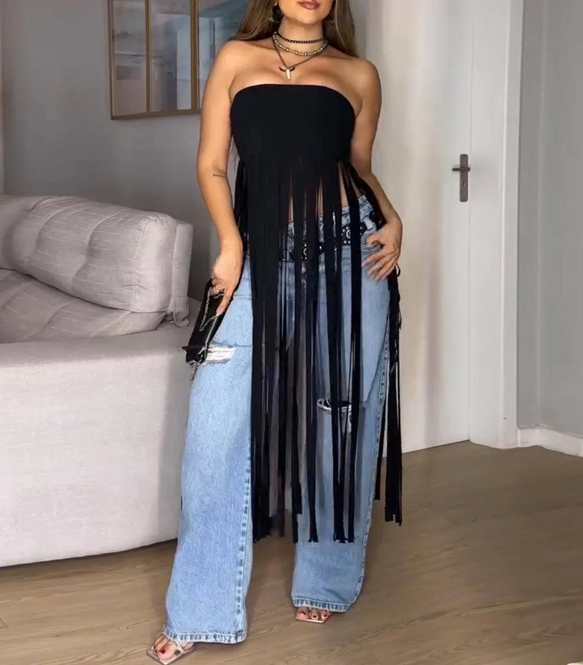 Strapless faux suede cowgirl bandeau fringed top - Image 4