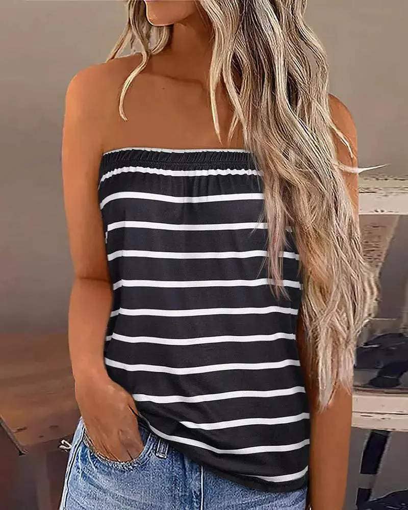 Striped print strapless bandeau tank top - Image 2