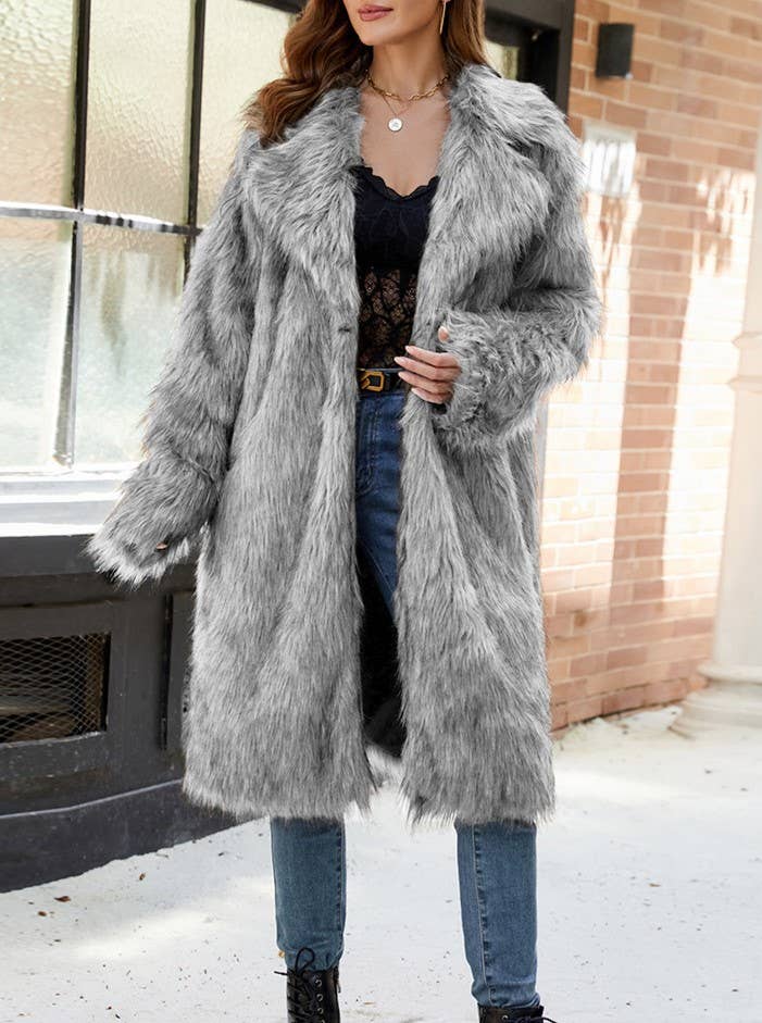 Stylish Suit Collar Maxi Plush Faux Fur Coat
