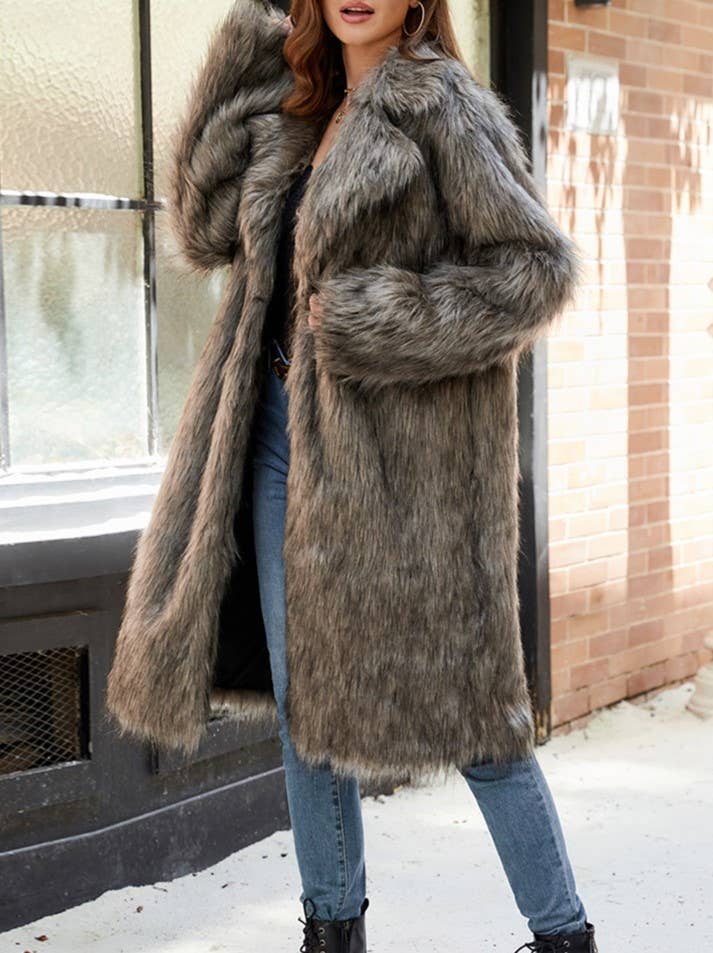 Stylish Suit Collar Maxi Plush Faux Fur Coat - Image 8