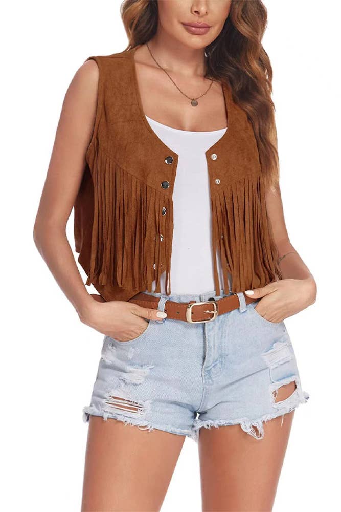 Summer Tops Plain Suede Snap Button Tassel Vest ZK1037 - Image 2