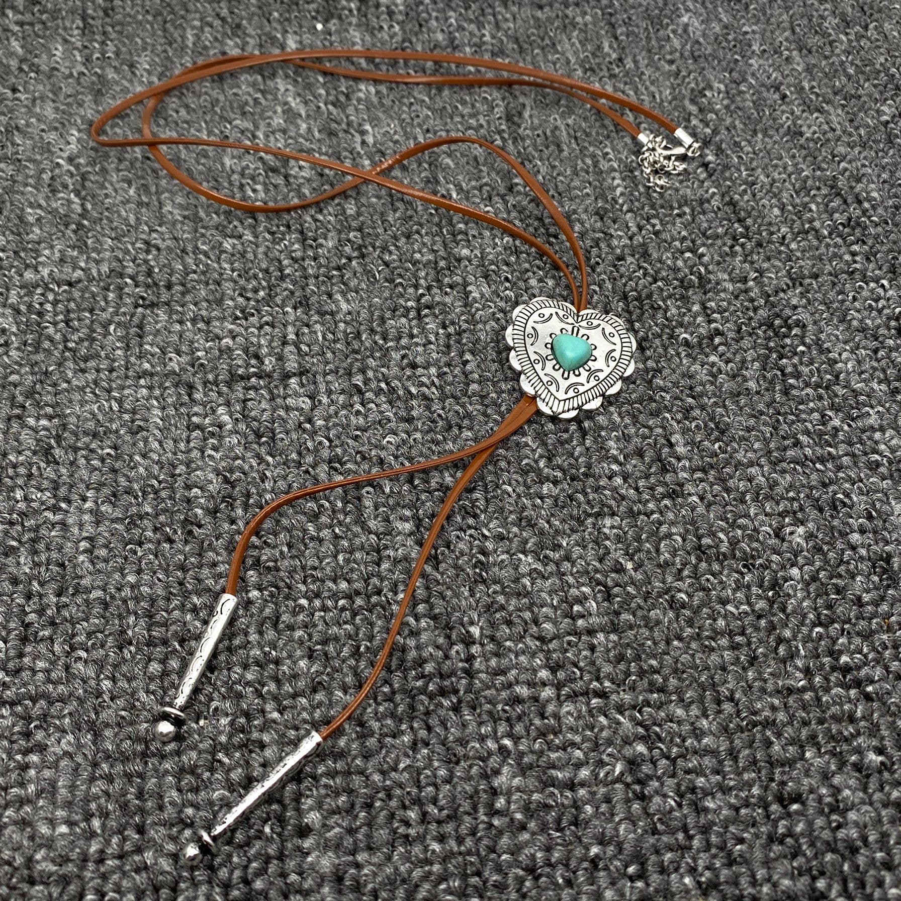 Turquoise Heart Charm Leather Rope Lariat Necklace - WJ - Image 2