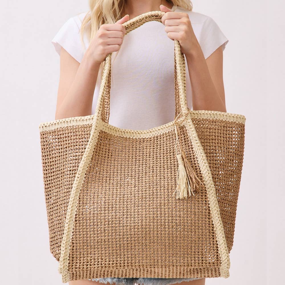 Two Tone Woven Straw Tote Bag - Image 5