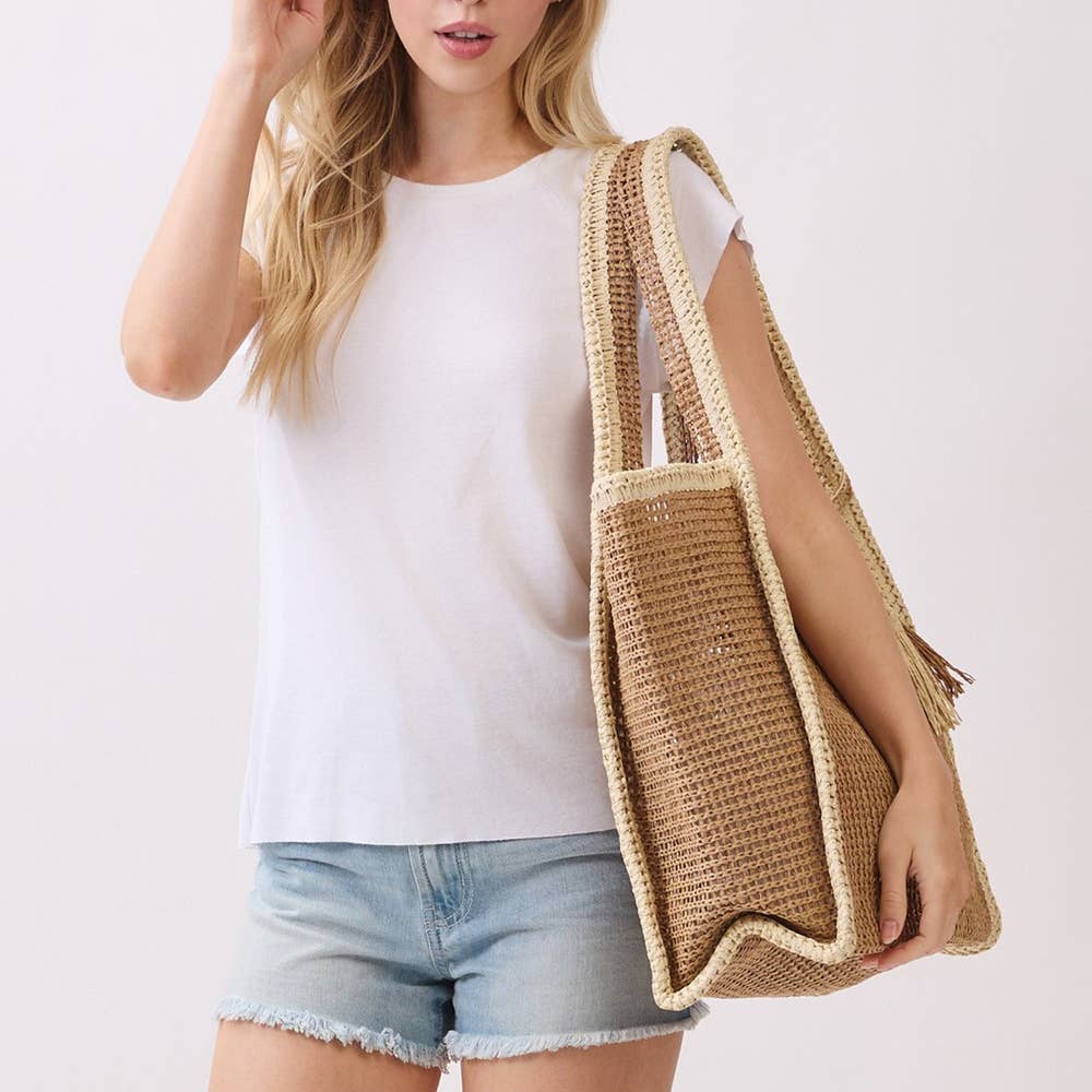 Two Tone Woven Straw Tote Bag - Image 7