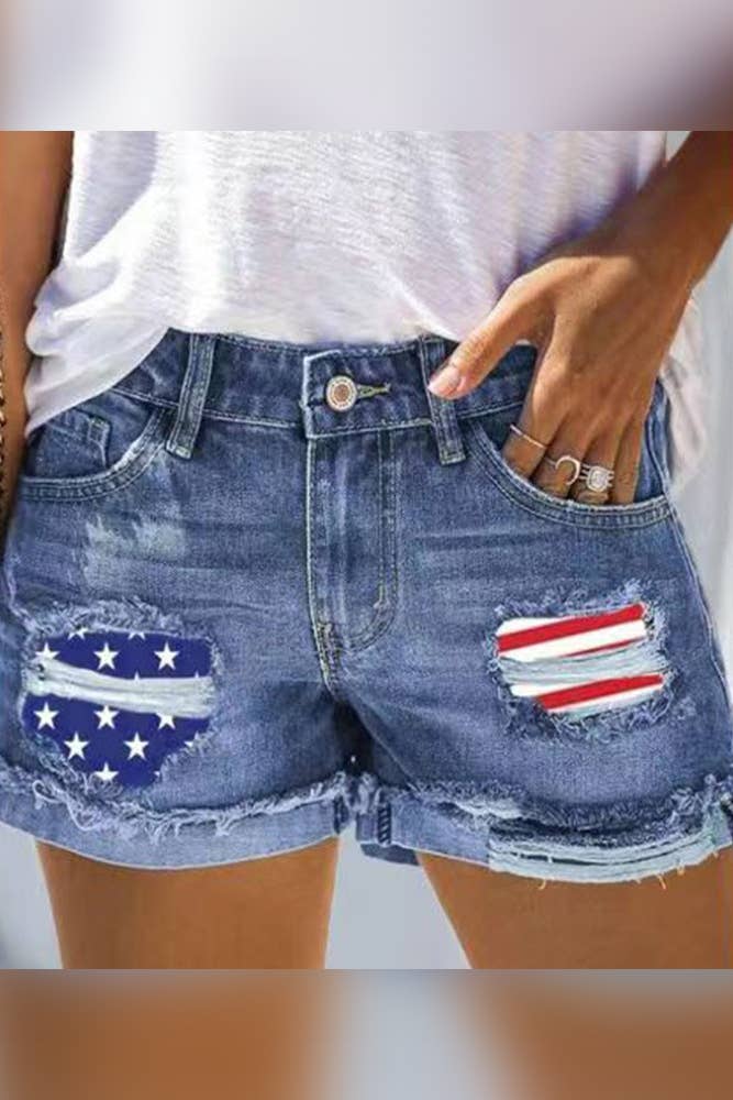 US Flag Independence Day Patchwork Ripped Denim Shorts