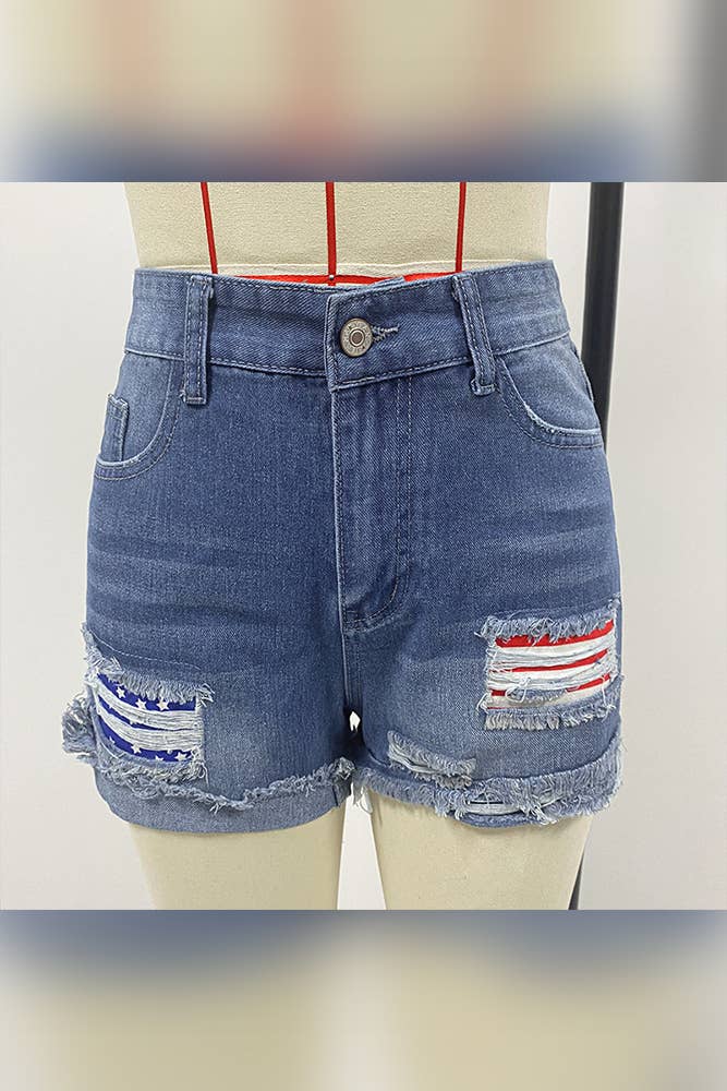 US Flag Independence Day Patchwork Ripped Denim Shorts - Image 3