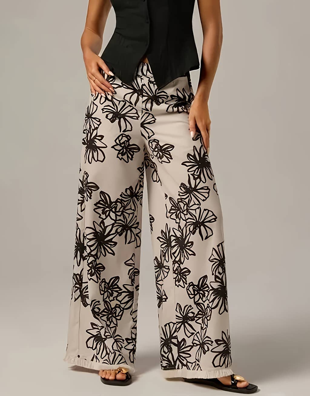 Vacation Beach Plant Print Wide-Leg Pants Frayed Hem