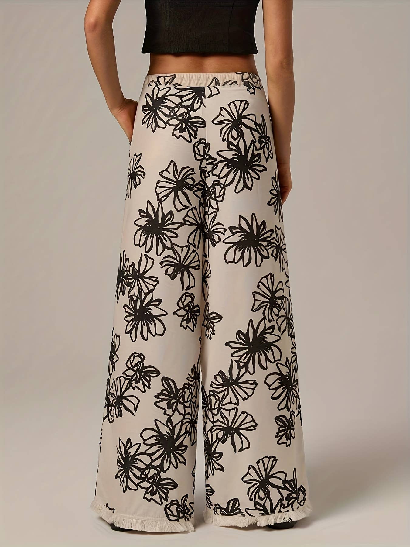 Vacation Beach Plant Print Wide-Leg Pants Frayed Hem - Image 3
