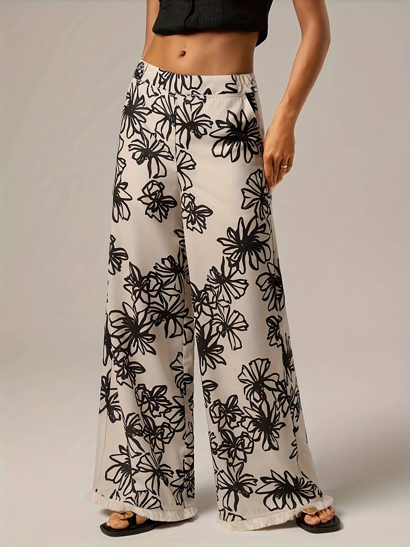 Vacation Beach Plant Print Wide-Leg Pants Frayed Hem - Image 4