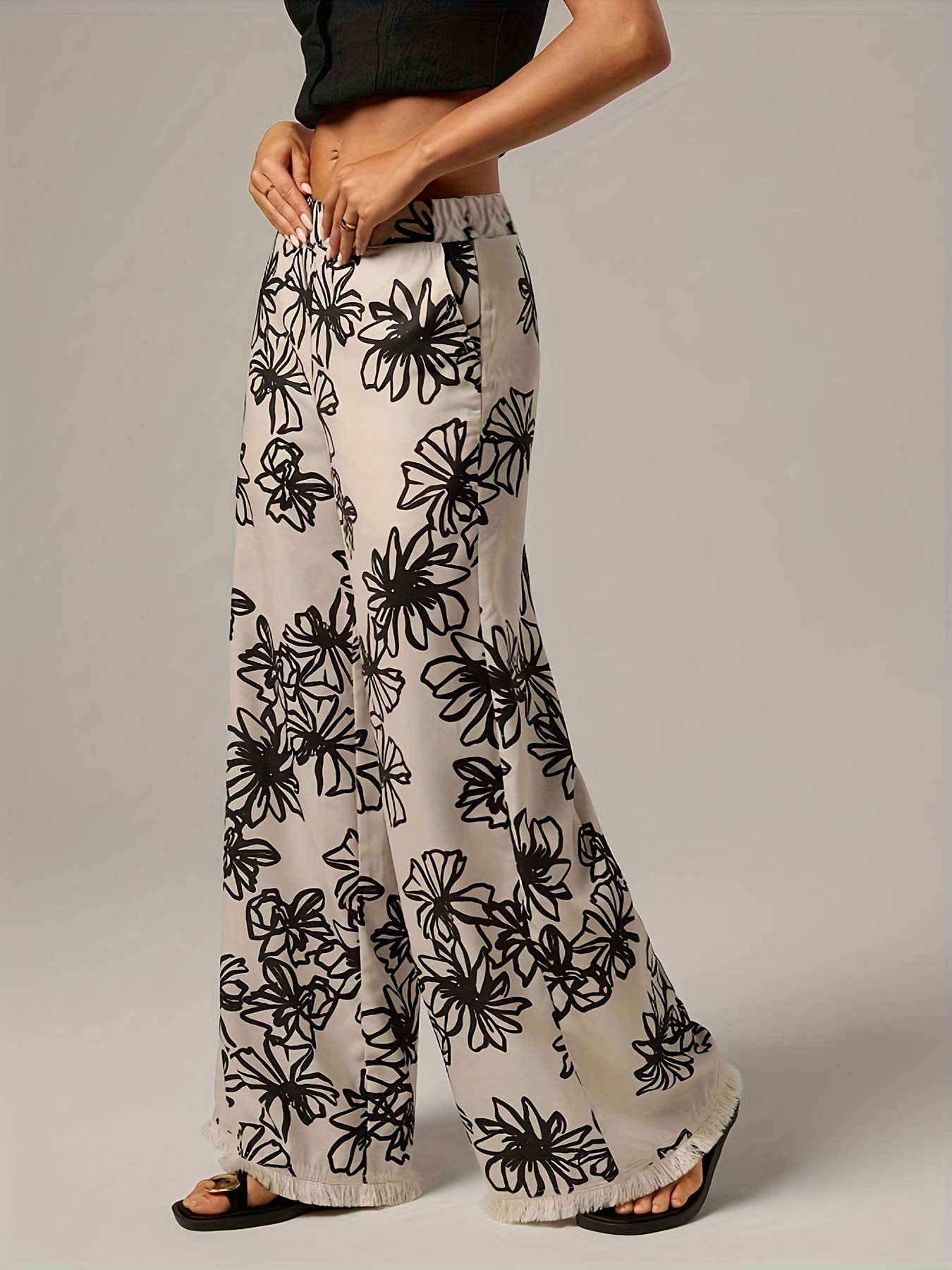 Vacation Beach Plant Print Wide-Leg Pants Frayed Hem - Image 5