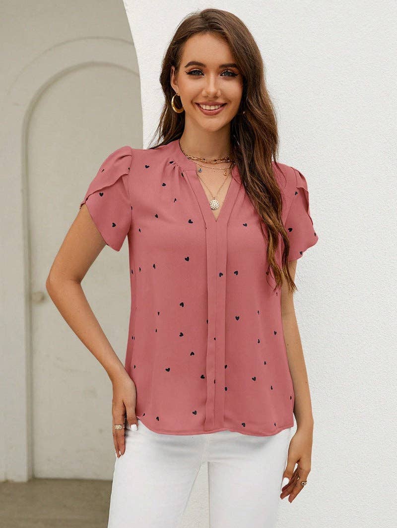 Valentine V Neck Heart Print Petal Sleeve Blouse - Image 10
