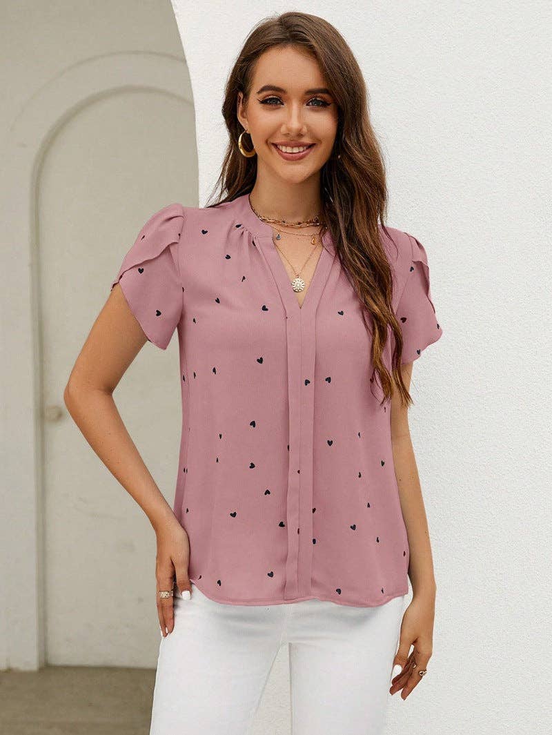 Valentine V Neck Heart Print Petal Sleeve Blouse - Image 11