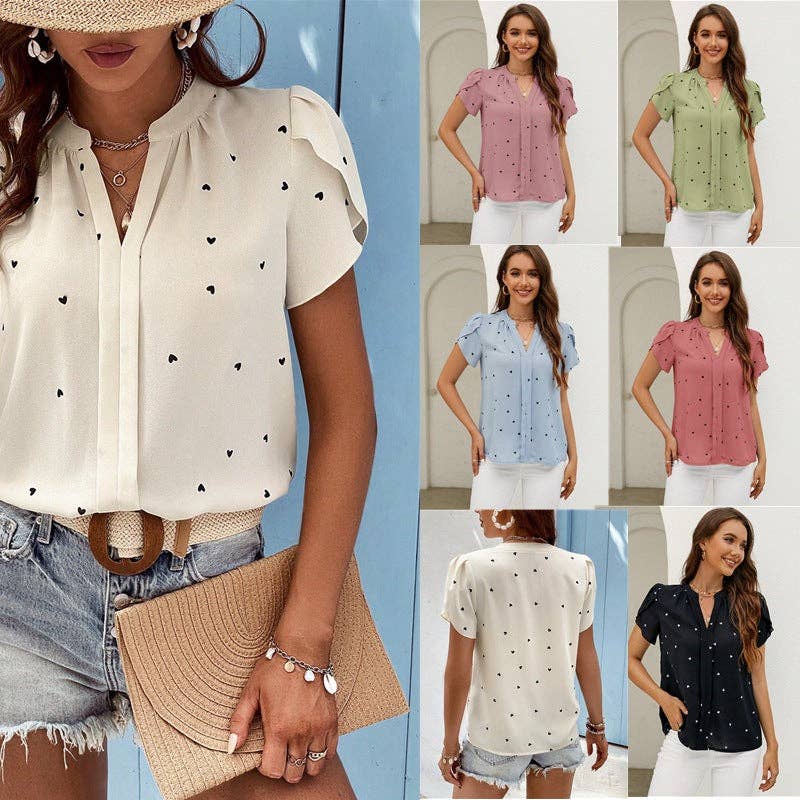 Valentine V Neck Heart Print Petal Sleeve Blouse - Image 2