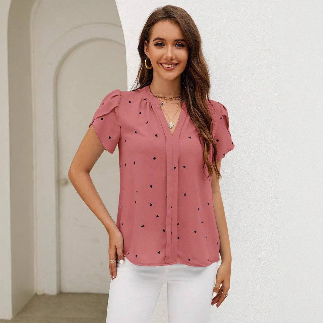 Valentine V Neck Heart Print Petal Sleeve Blouse - Image 4