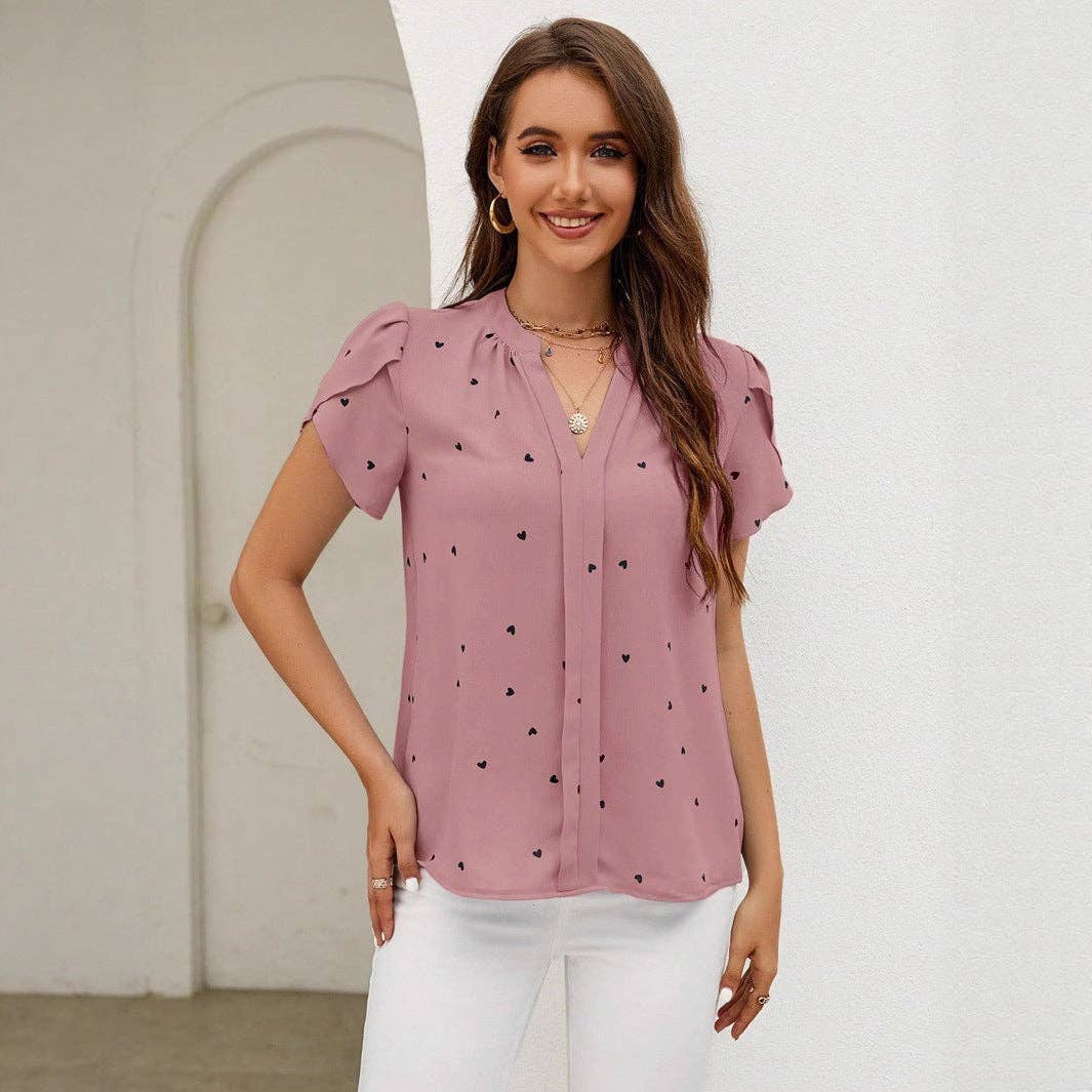 Valentine V Neck Heart Print Petal Sleeve Blouse - Image 5