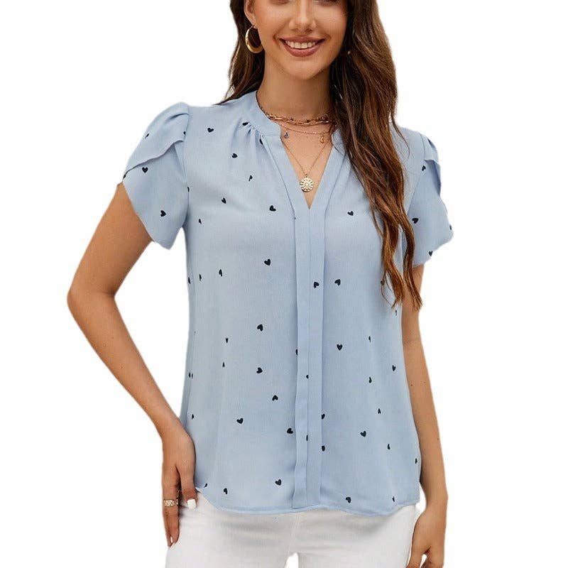 Valentine V Neck Heart Print Petal Sleeve Blouse - Image 7