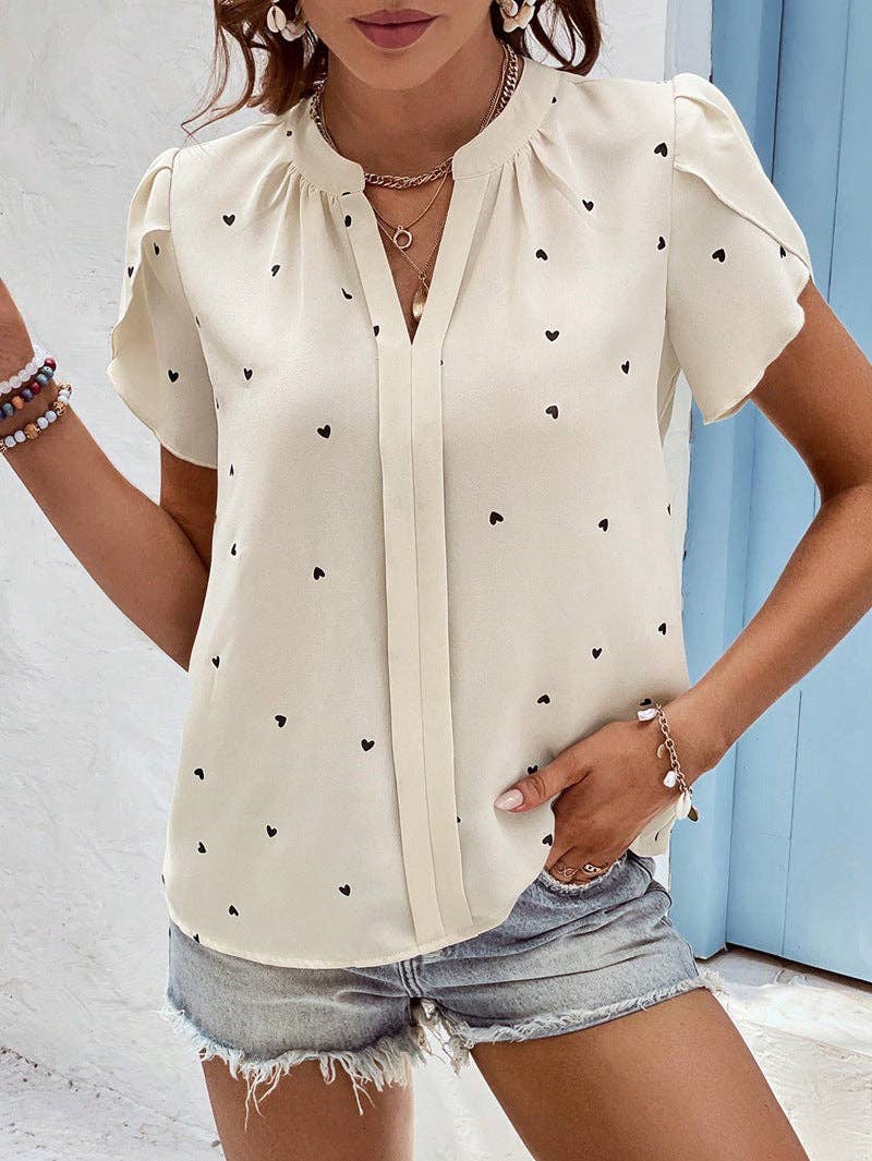 Valentine V Neck Heart Print Petal Sleeve Blouse - Image 8