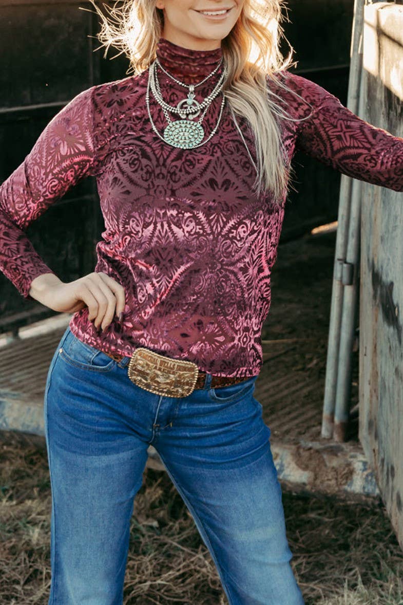 Velvet Burnout Turtleneck Long sleeve Top