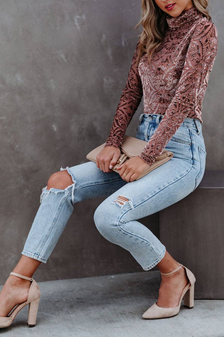 Velvet Burnout Turtleneck Long sleeve Top - Image 14