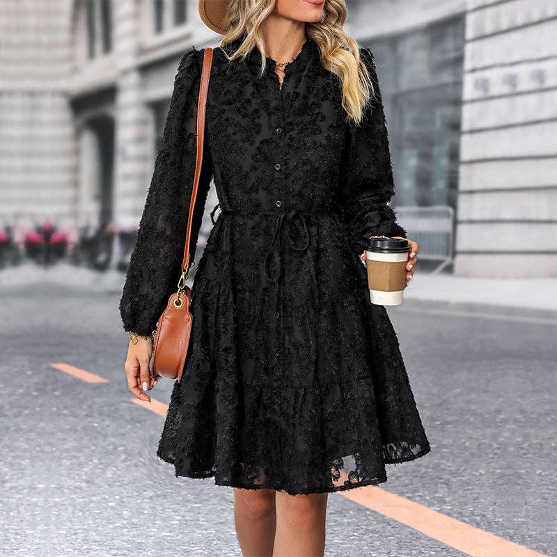 Vintage Lace Long Sleeve Puff Sleeve Cross Border Dress