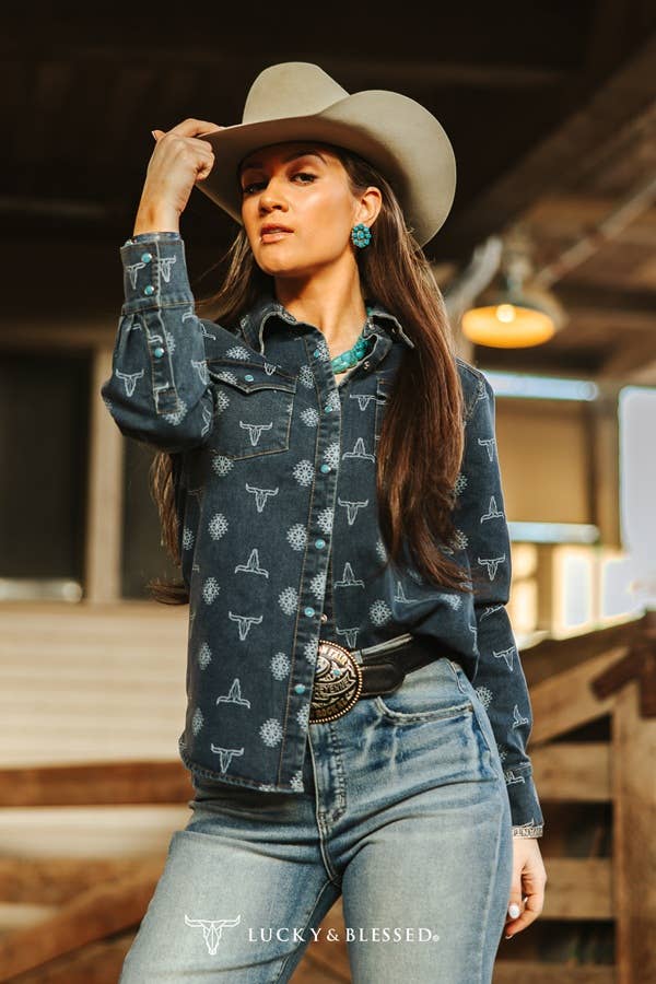 Vintage Mid Wash Cowskull Aztec Laser Printed Shirt