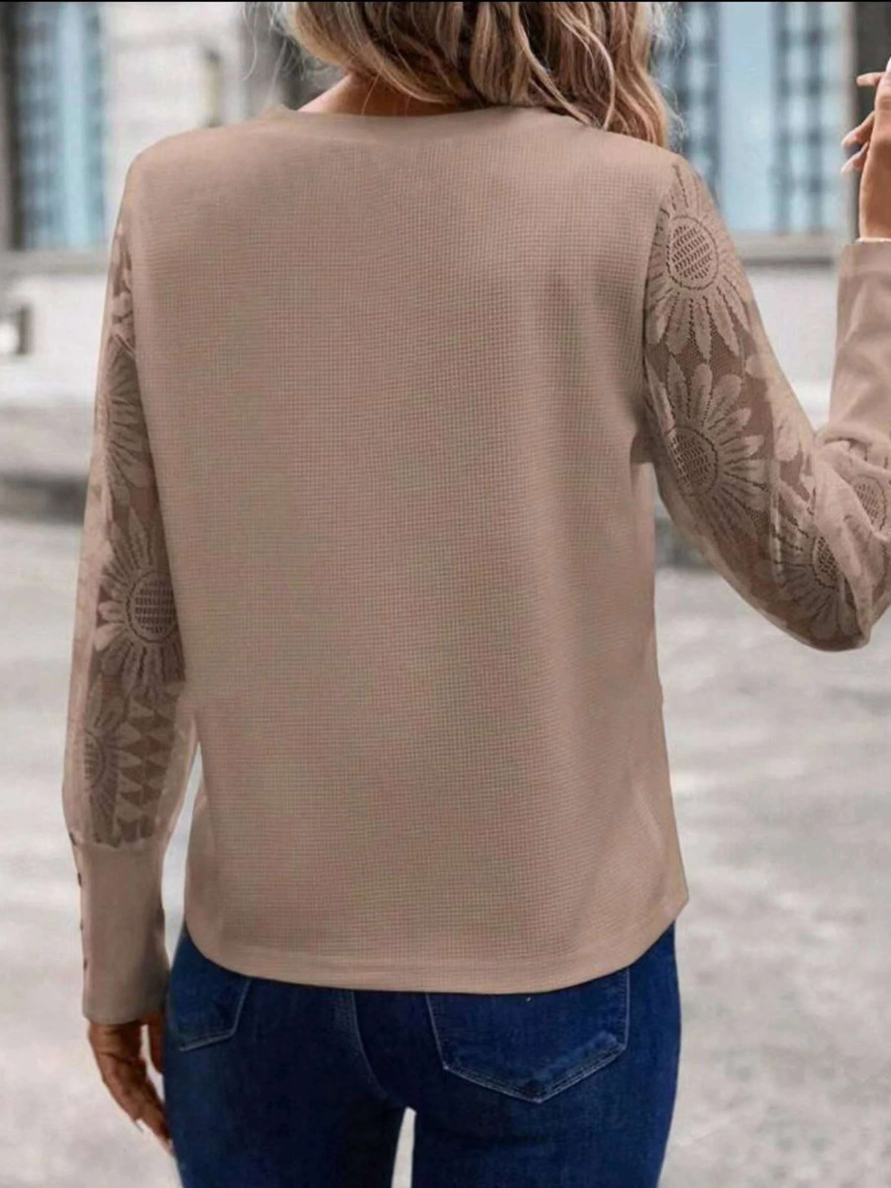 Waffle Button Patchwork Lace Top - Image 3