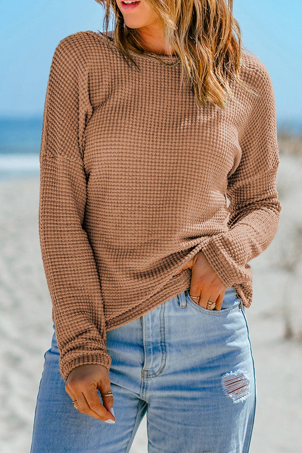 Waffle Knit Drop Shoulder Long Sleeve Top - Image 3