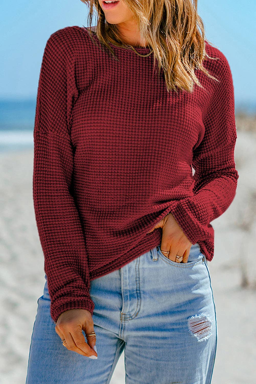 Waffle Knit Drop Shoulder Long Sleeve Top - Image 4