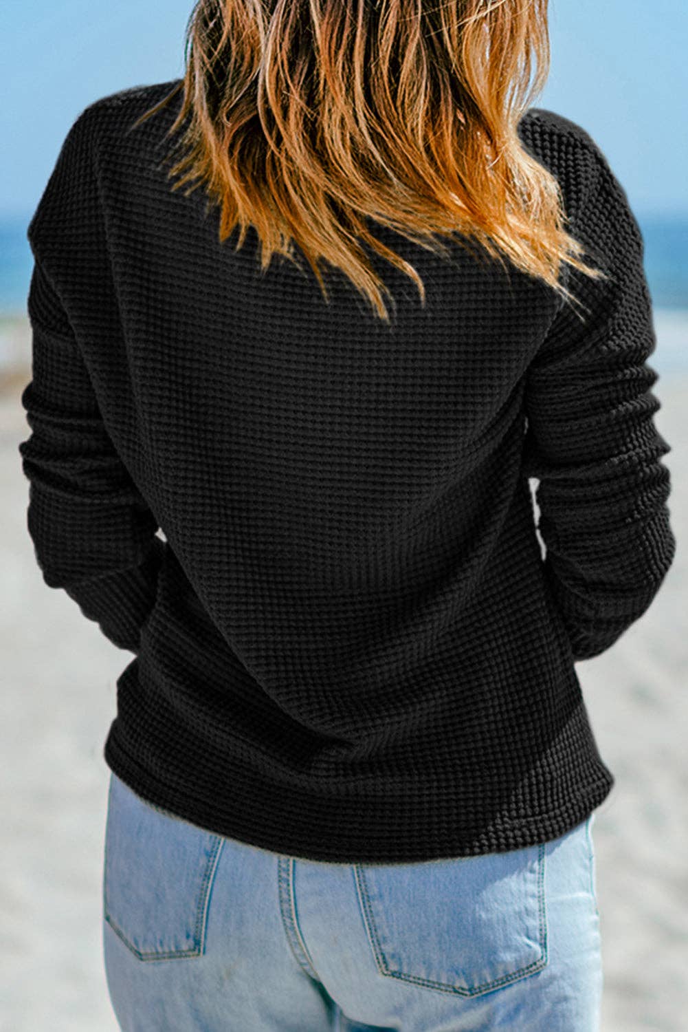 Waffle Knit Drop Shoulder Long Sleeve Top - Image 6