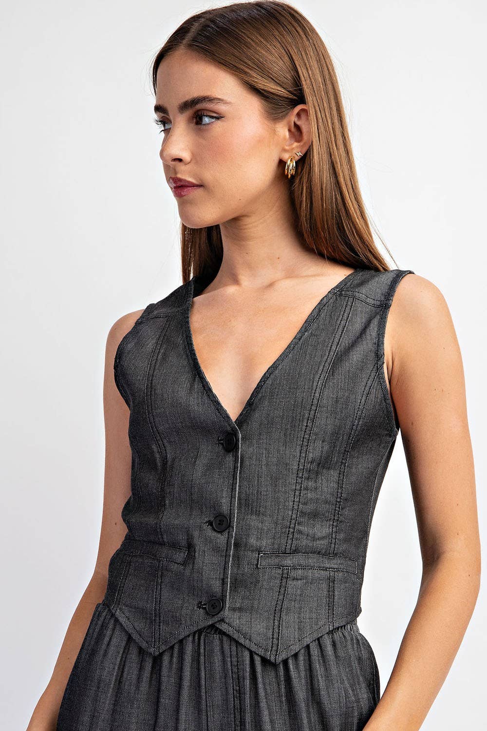 Washed Denim Button-Down Vest Top